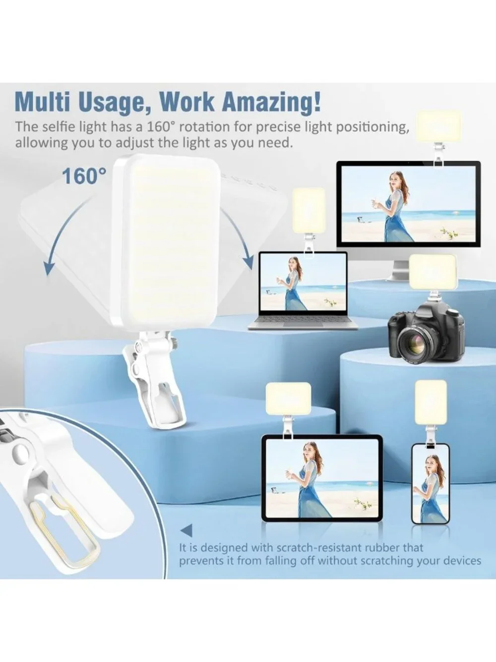 60 LED Portable Selfie Light with Clip & Tripod - Rechargeable, 9 Modes for